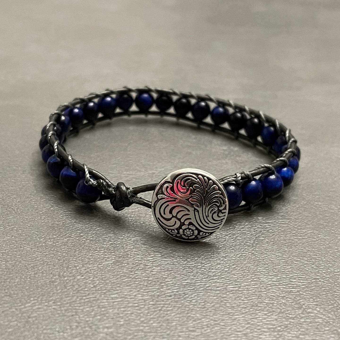 Blue Flower Stone Leather Wrap Bracelet