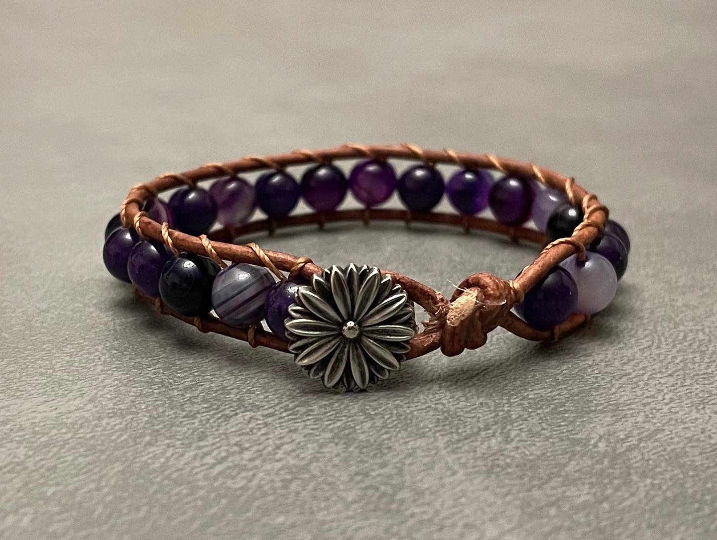 Purple Flower Stone Leather Wrap Bracelet