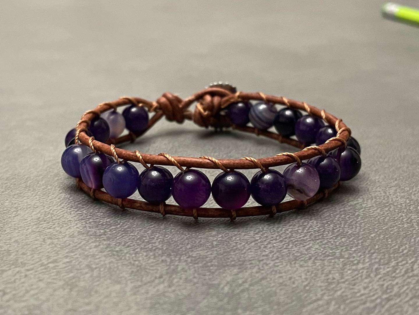 Purple Flower Stone Leather Wrap Bracelet
